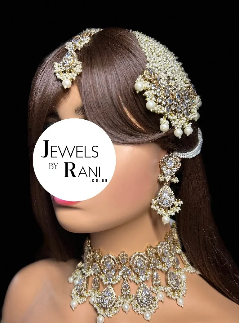Pre Order - Pearly White & Gold 24crt Gold Plated Bridal Jewellery Set- Silver Stones - Jewelsbyrani