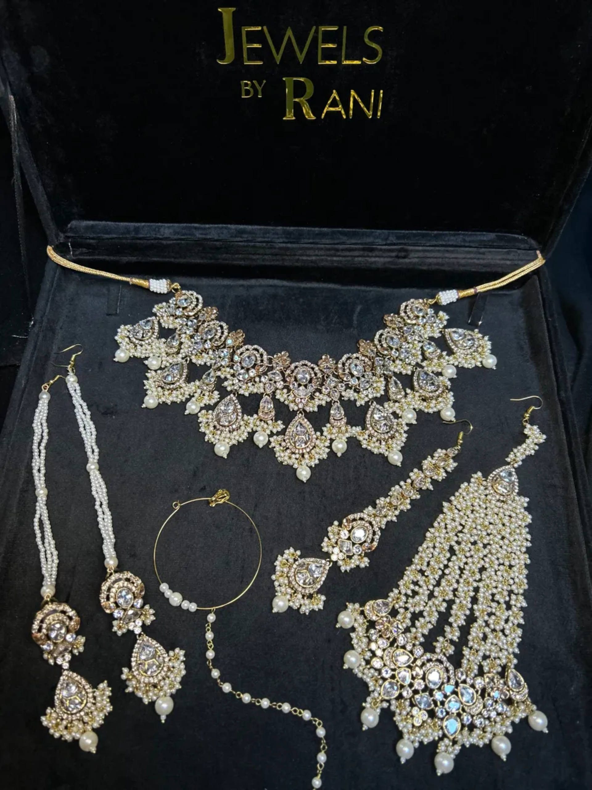 Pre Order - Pearly White & Gold 24crt Gold Plated Bridal Jewellery Set- Silver Stones - Jewelsbyrani