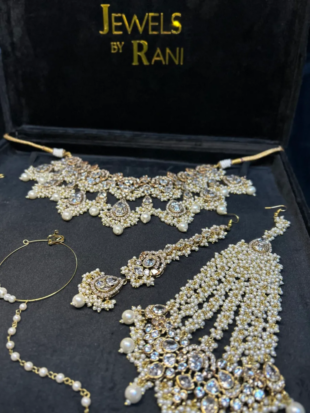 Pre Order - Pearly White & Gold 24crt Gold Plated Bridal Jewellery Set- Silver Stones - Jewelsbyrani