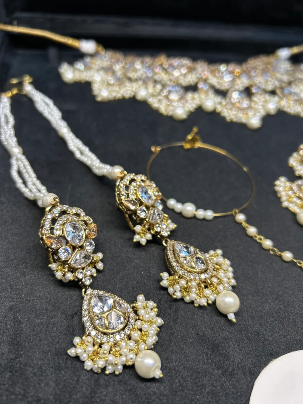Pre Order - Pearly White & Gold 24crt Gold Plated Bridal Jewellery Set- Silver Stones - Jewelsbyrani