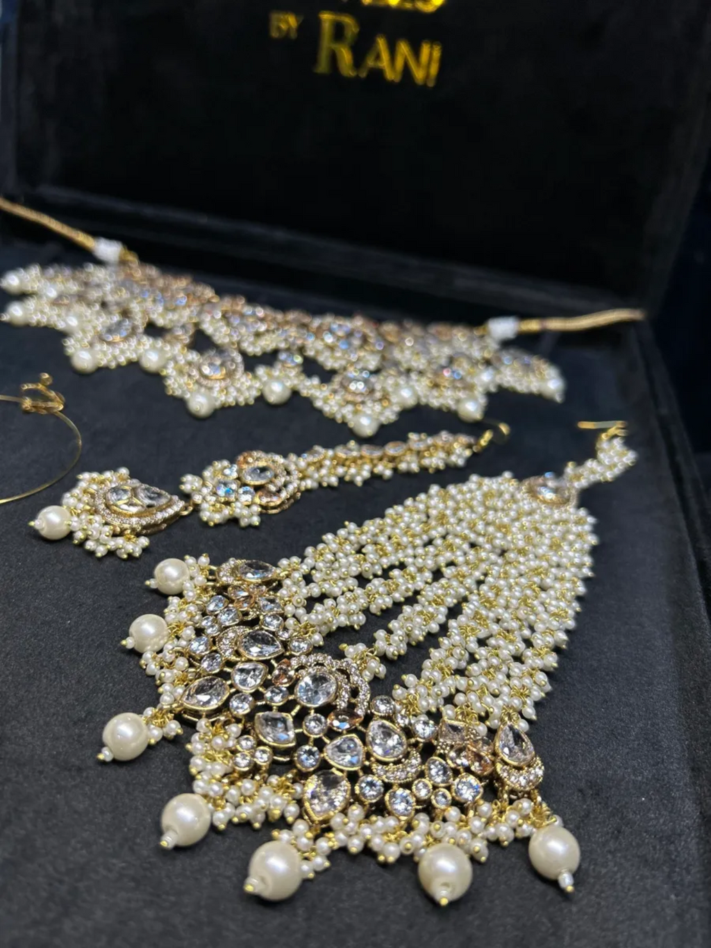 Pre Order - Pearly White & Gold 24crt Gold Plated Bridal Jewellery Set- Silver Stones - Jewelsbyrani