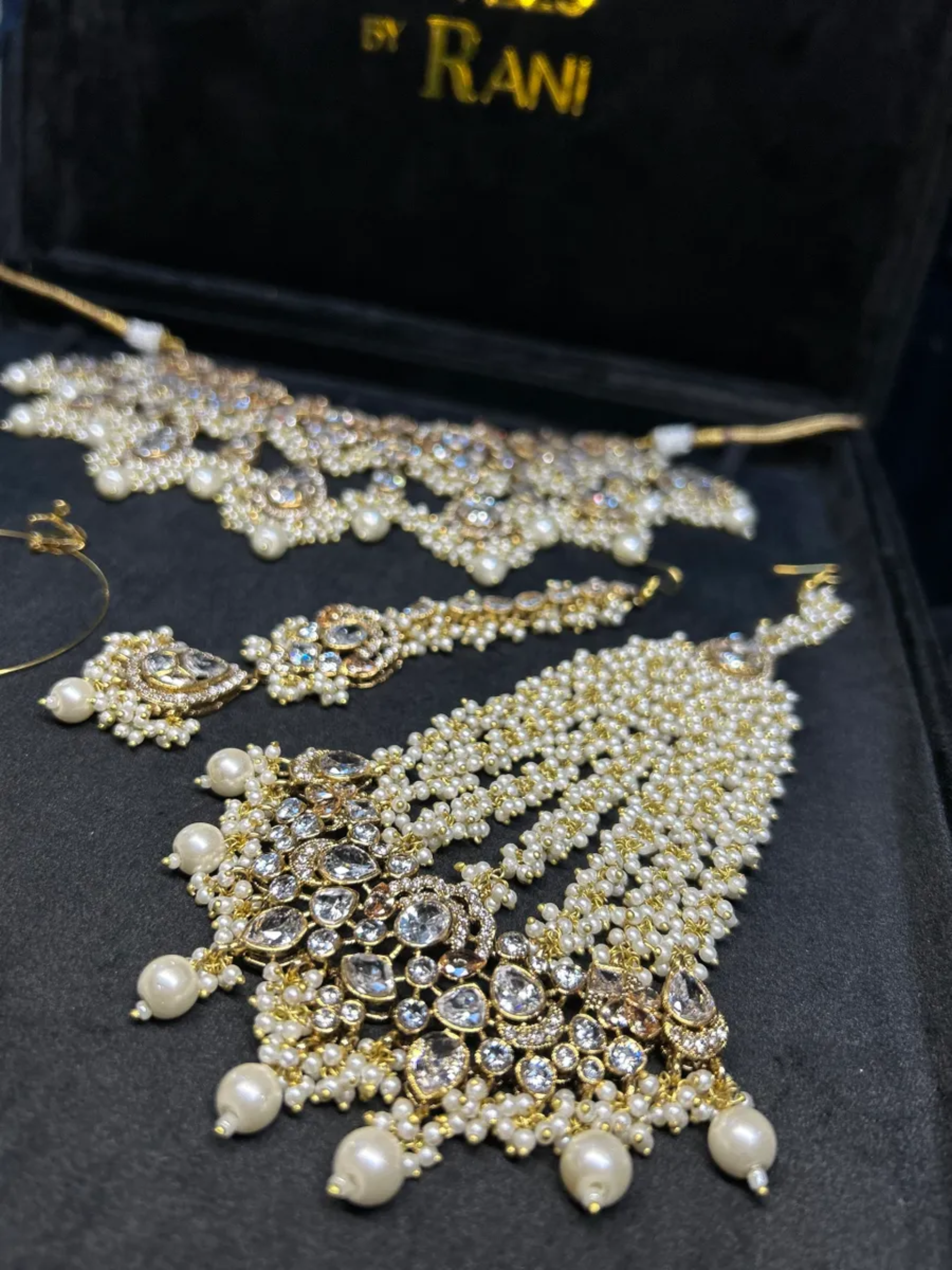 Pre Order - Pearly White & Gold 24crt Gold Plated Bridal Jewellery Set- Silver Stones