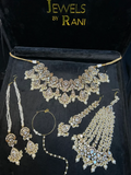 Pre Order - Pearly White & Gold 24crt Gold Plated Bridal Jewellery Set- Silver Stones - Jewelsbyrani