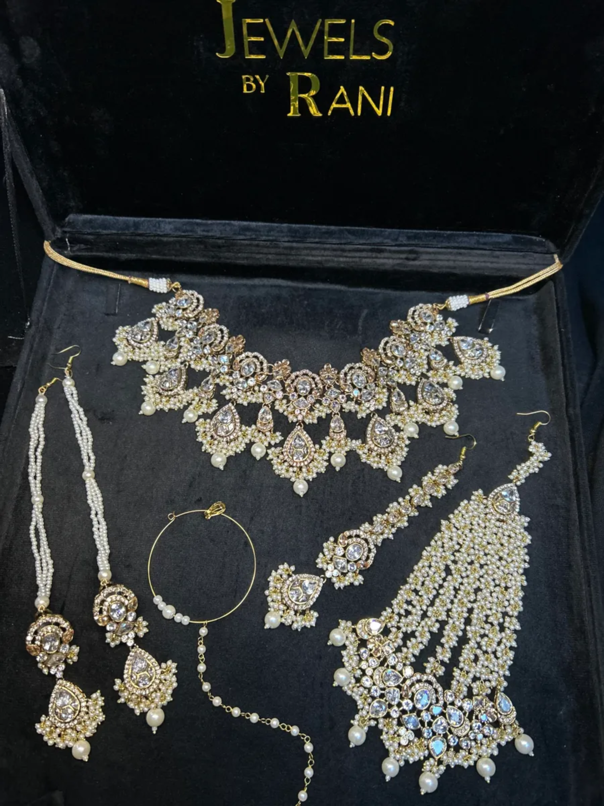 Pre Order - Pearly White & Gold 24crt Gold Plated Bridal Jewellery Set- Silver Stones