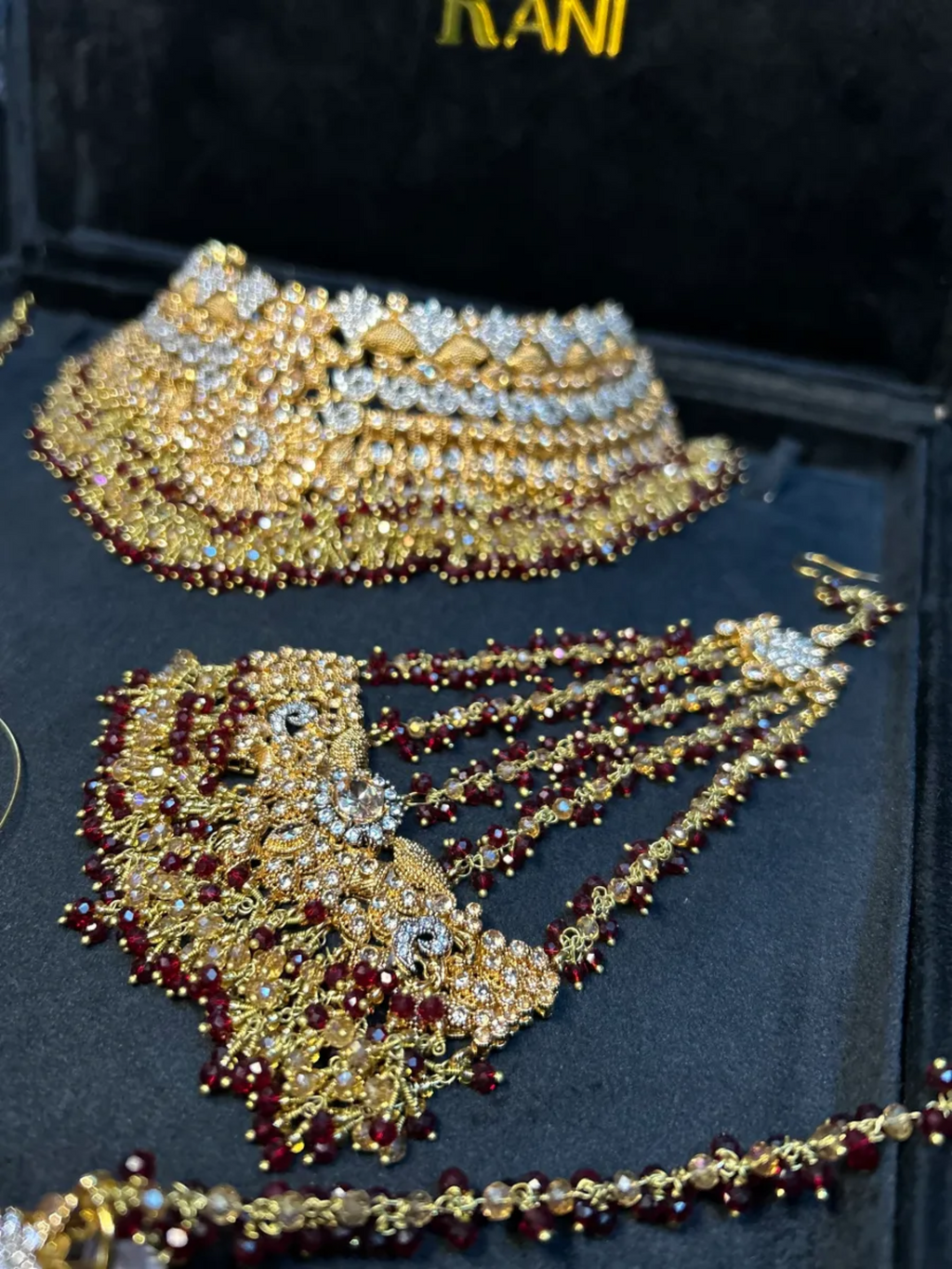 Pre Order 6 Weeks- Stylish Maroon 24 crt Gold Plated Bridal Jewellery Set - Jewelsbyrani