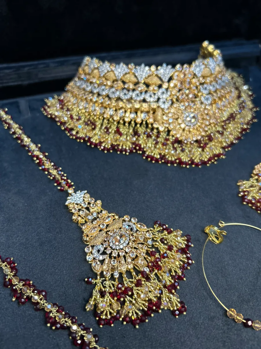 Pre Order 6 Weeks- Stylish Maroon 24 crt Gold Plated Bridal Jewellery Set - Jewelsbyrani