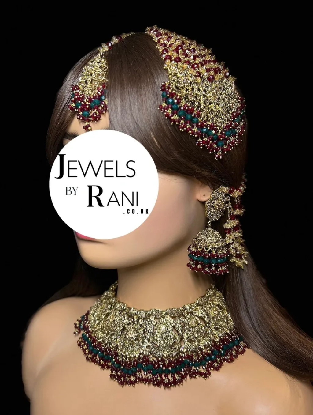 Maroon & Green 24 crt Gold Plated Bridal Jewellery Set - Jewelsbyrani