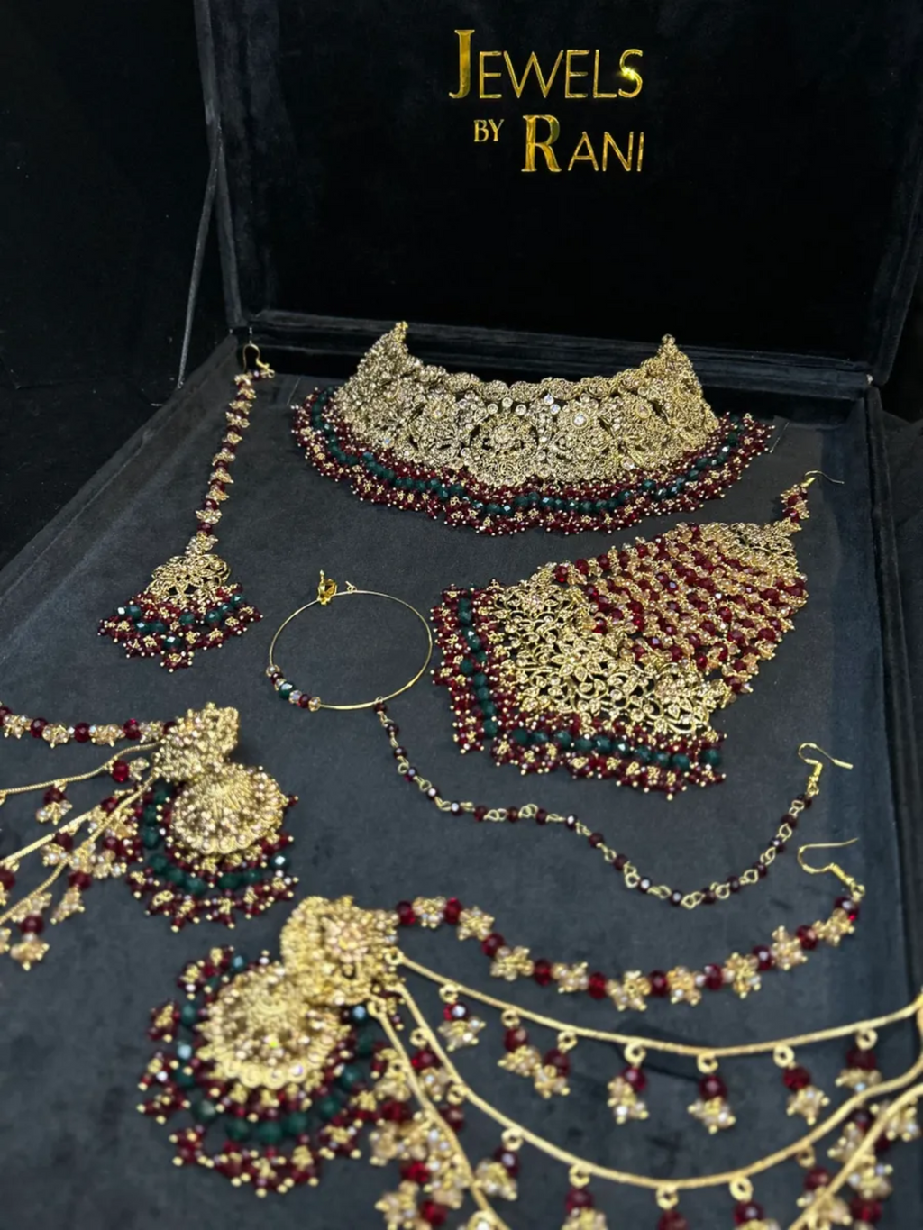 Maroon & Green 24 crt Gold Plated Bridal Jewellery Set - Jewelsbyrani
