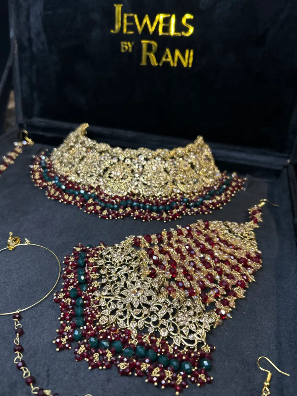 Maroon & Green 24 crt Gold Plated Bridal Jewellery Set - Jewelsbyrani