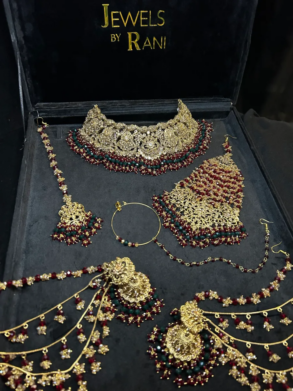 Maroon & Green 24 crt Gold Plated Bridal Jewellery Set - Jewelsbyrani