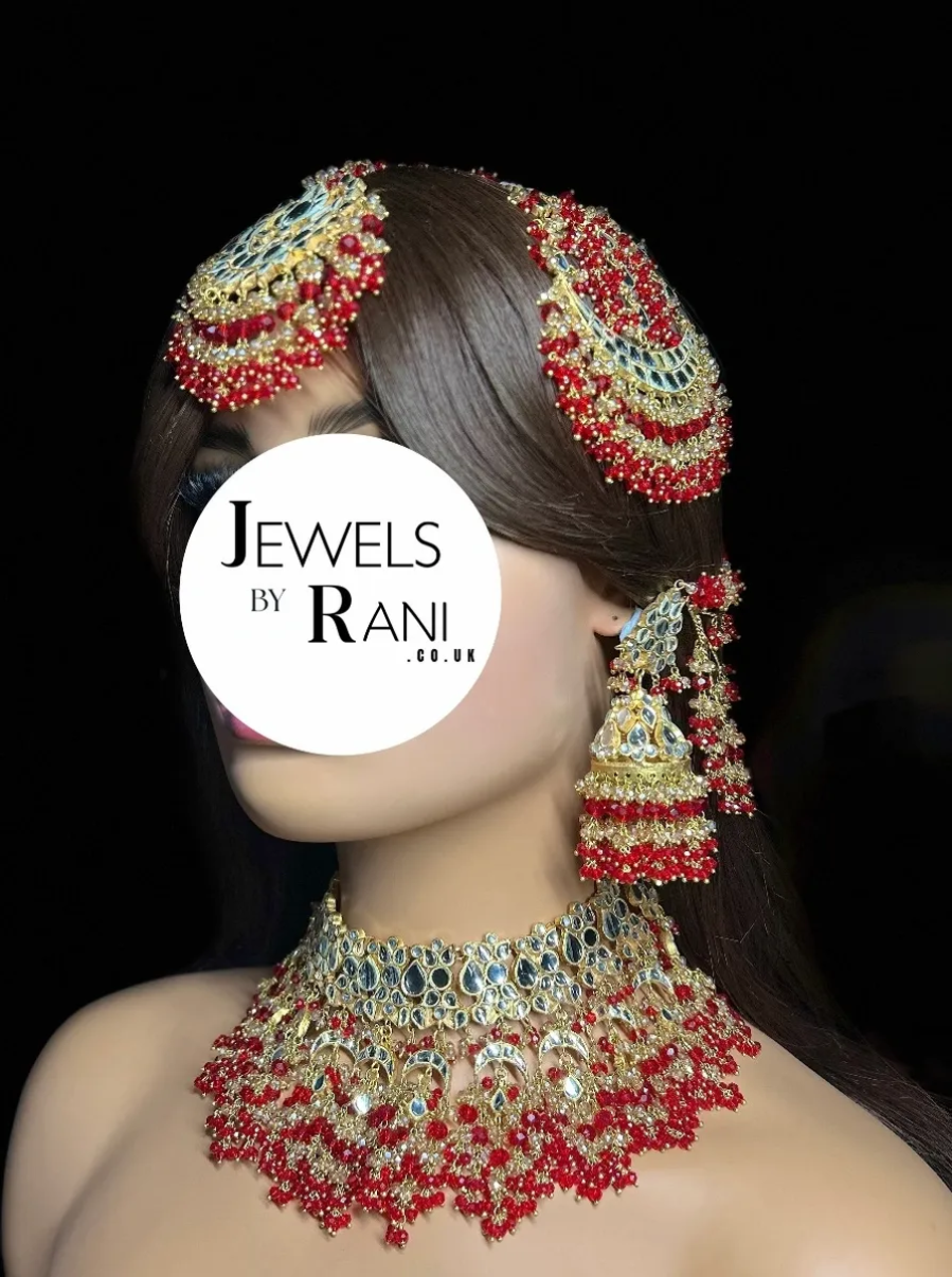 Red & Gold Kundan 24crt Gold Plated Bridal Jewellery Set - Jewelsbyrani