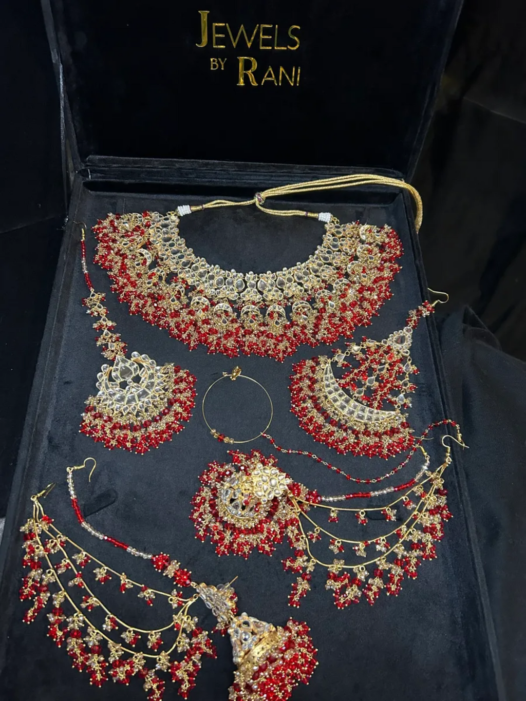 Red & Gold Kundan 24crt Gold Plated Bridal Jewellery Set - Jewelsbyrani