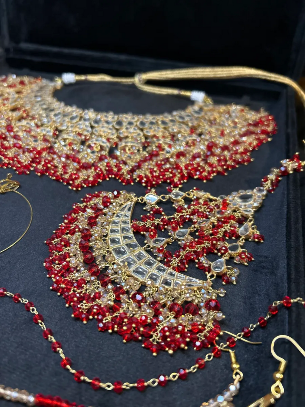 Red & Gold Kundan 24crt Gold Plated Bridal Jewellery Set - Jewelsbyrani
