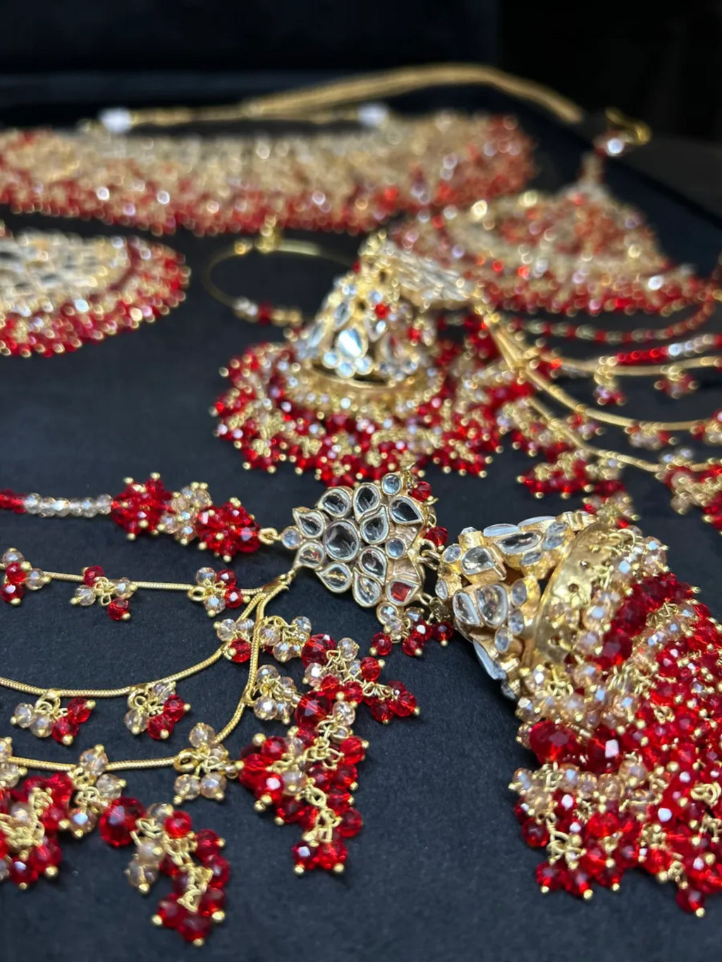 Red & Gold Kundan 24crt Gold Plated Bridal Jewellery Set - Jewelsbyrani