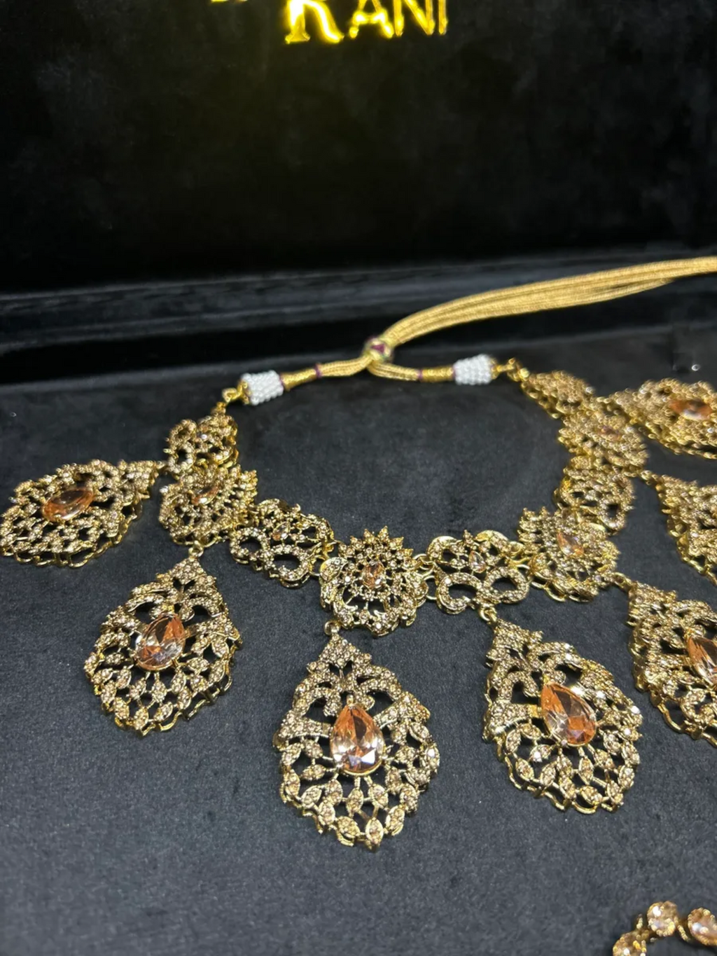 Beautiful Gold Stoned Statement Set 24crt Gold Plated Bridal Jewellery Set - Jewelsbyrani