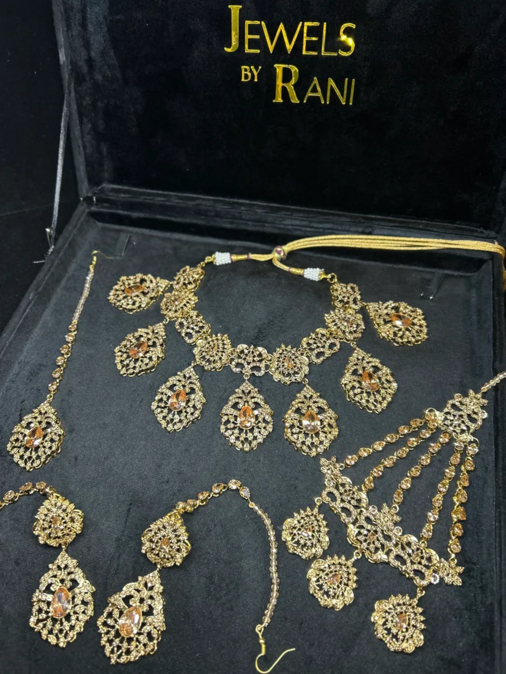 Beautiful Gold Stoned Statement Set 24crt Gold Plated Bridal Jewellery Set - Jewelsbyrani