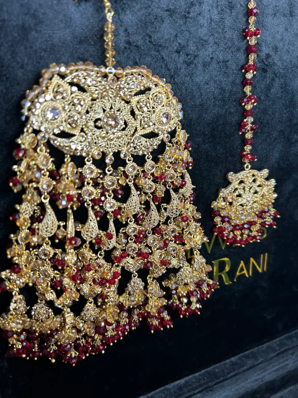 Bridal Deep Red & Gold Jhumar & Tikka - Jewelsbyrani