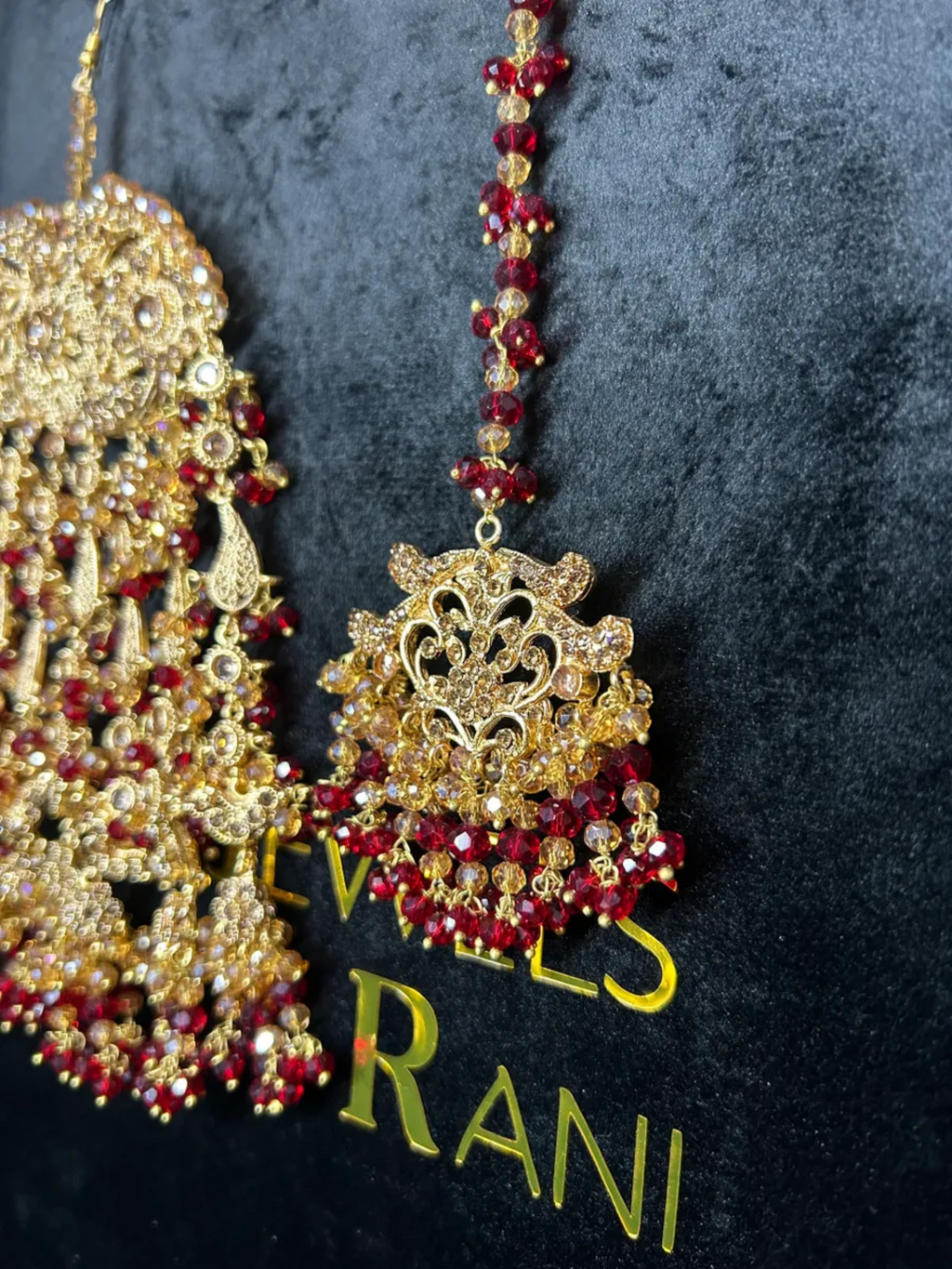 Bridal Deep Red & Gold Jhumar & Tikka - Jewelsbyrani