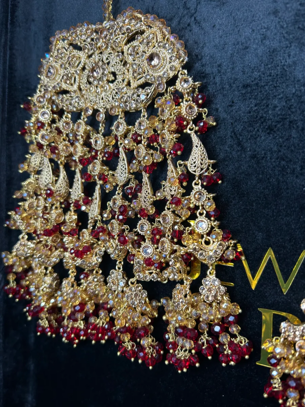 Bridal Deep Red & Gold Jhumar & Tikka - Jewelsbyrani