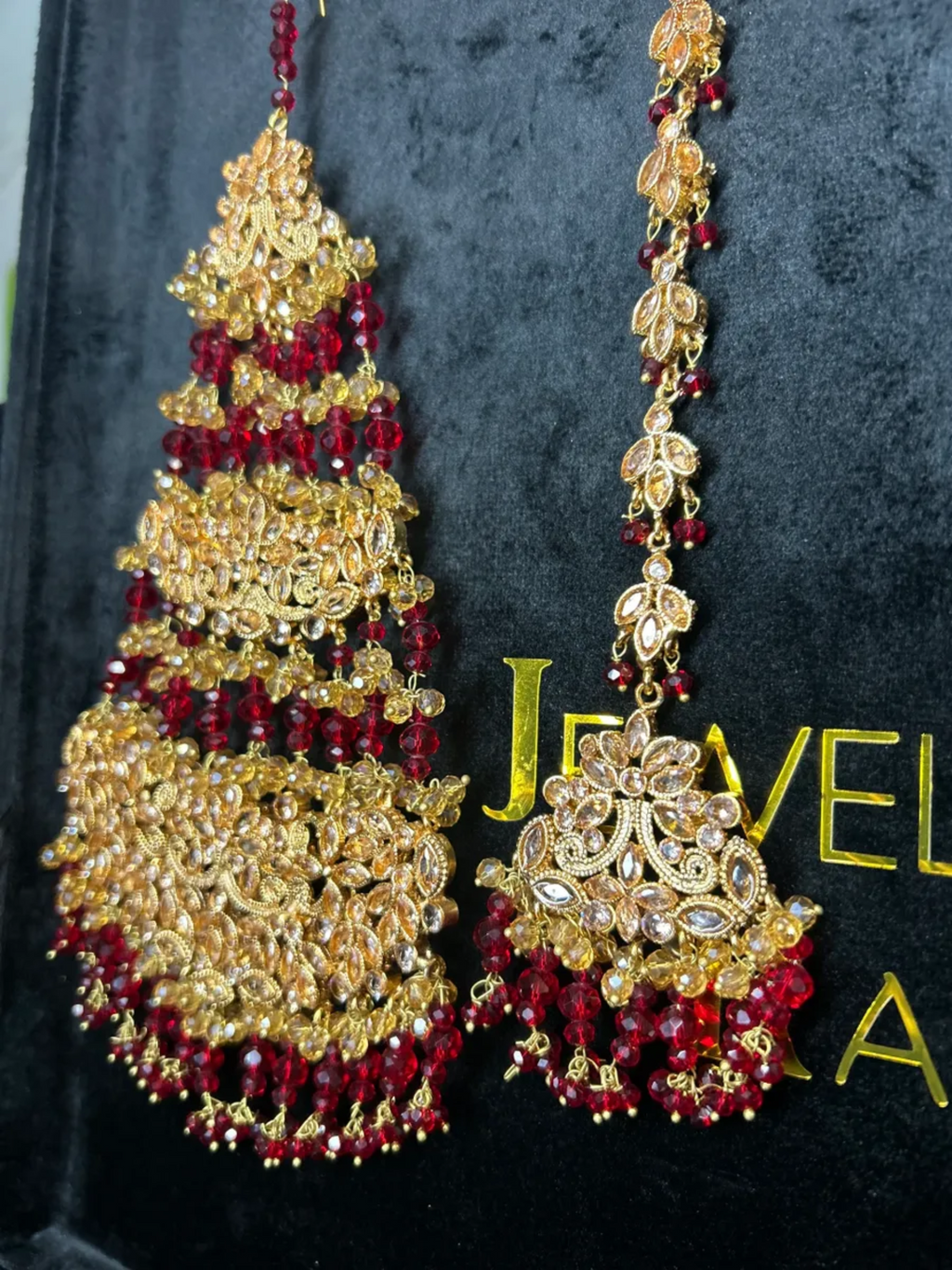 Bridal Deep Red & Gold Jhumar & Tikka - Jewelsbyrani