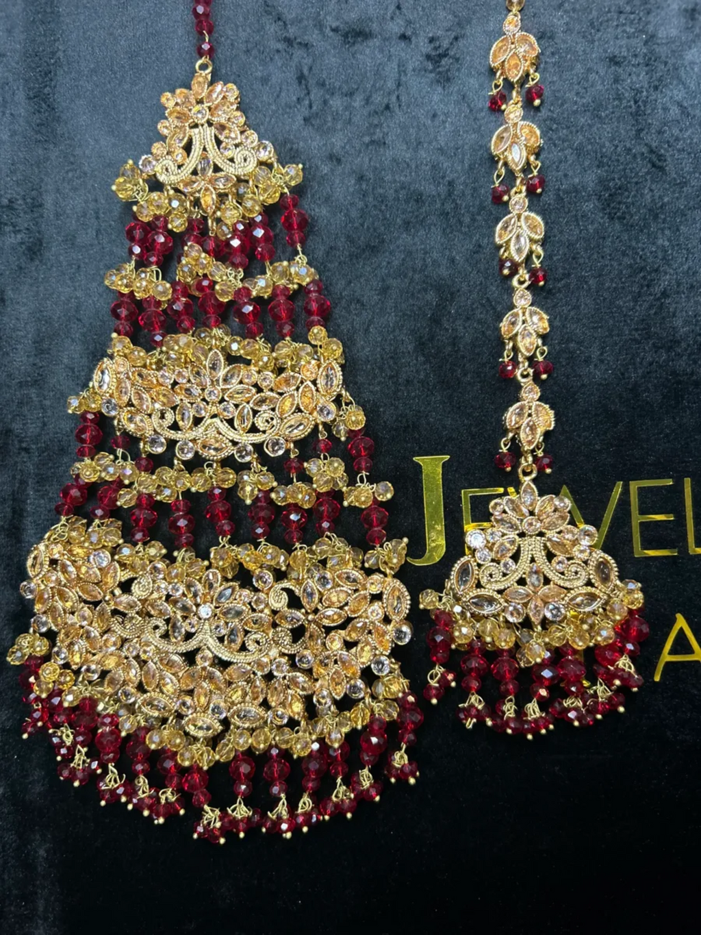 Bridal Deep Red & Gold Jhumar & Tikka - Jewelsbyrani