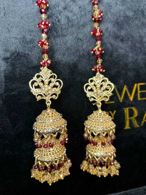 Gold & Maroon Bridal Double Jhumkies - Jewelsbyrani
