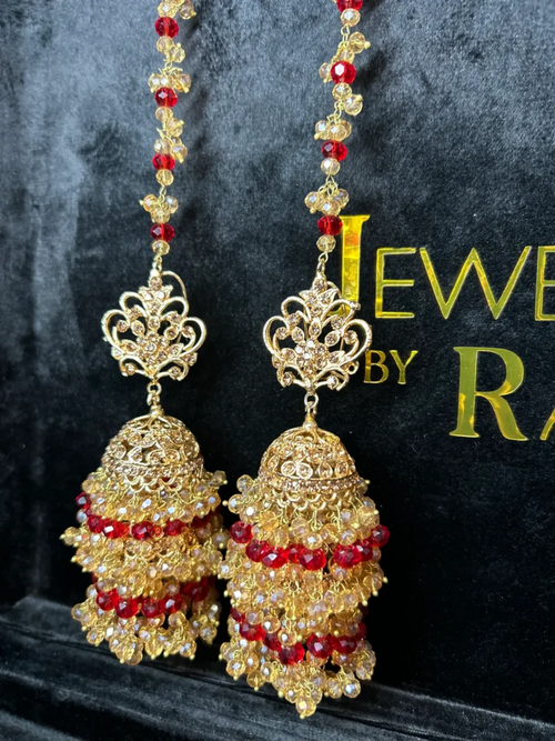 Gold & Deep Red Bridal Double Jhumkies - Jewelsbyrani