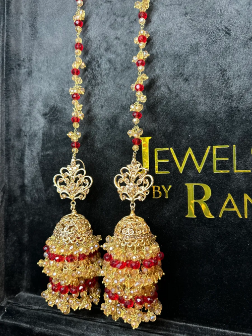 Gold & Deep Red Bridal Double Jhumkies - Jewelsbyrani