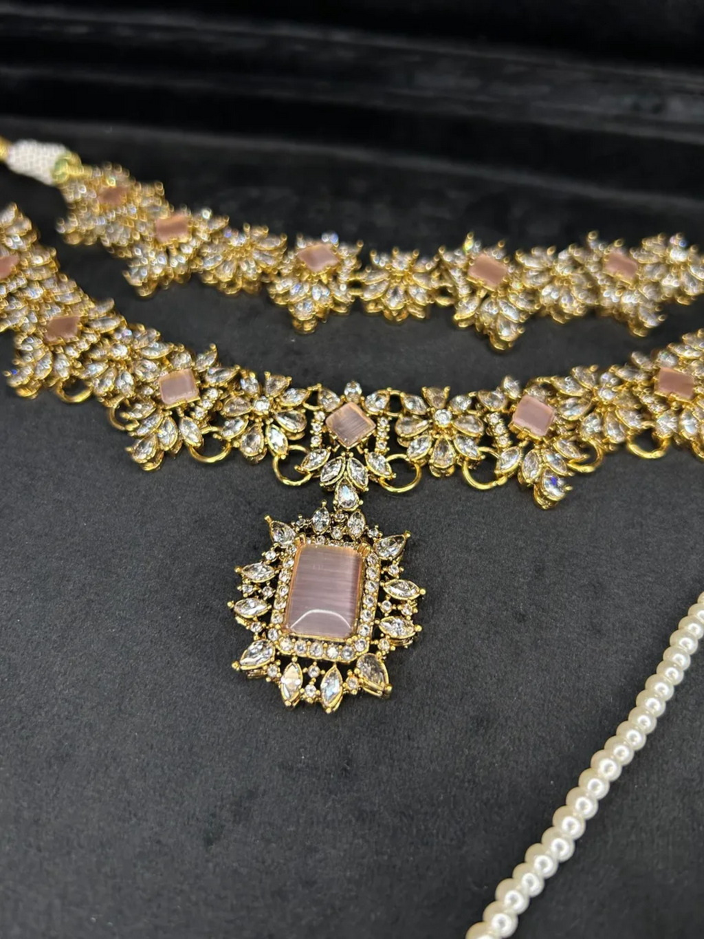 PRE ORDER: 6 Week Making time- Stunning Pink Stoned 24 crt Gold Plated Bridal Jewellery Set - Jewelsbyrani