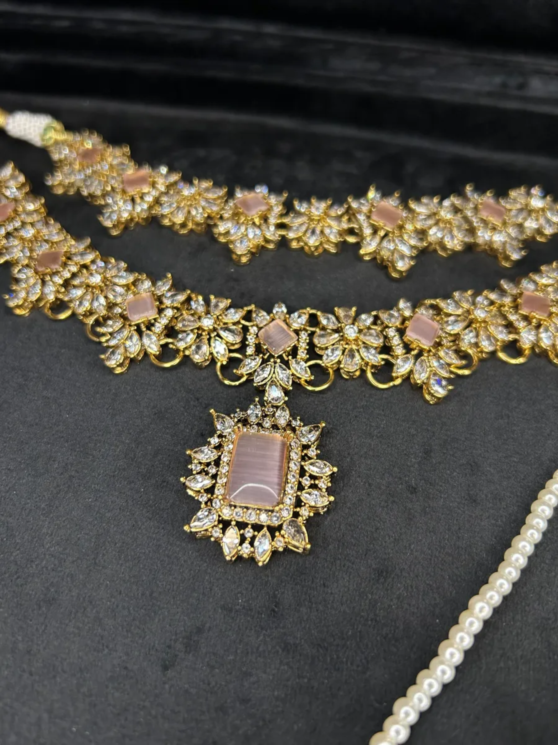 PRE ORDER: 6 Week Making time- Stunning Pink Stoned 24 crt Gold Plated Bridal Jewellery Set