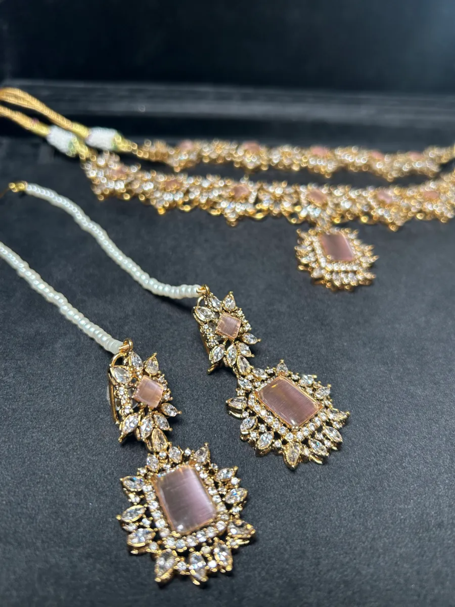 PRE ORDER: 6 Week Making time- Stunning Pink Stoned 24 crt Gold Plated Bridal Jewellery Set
