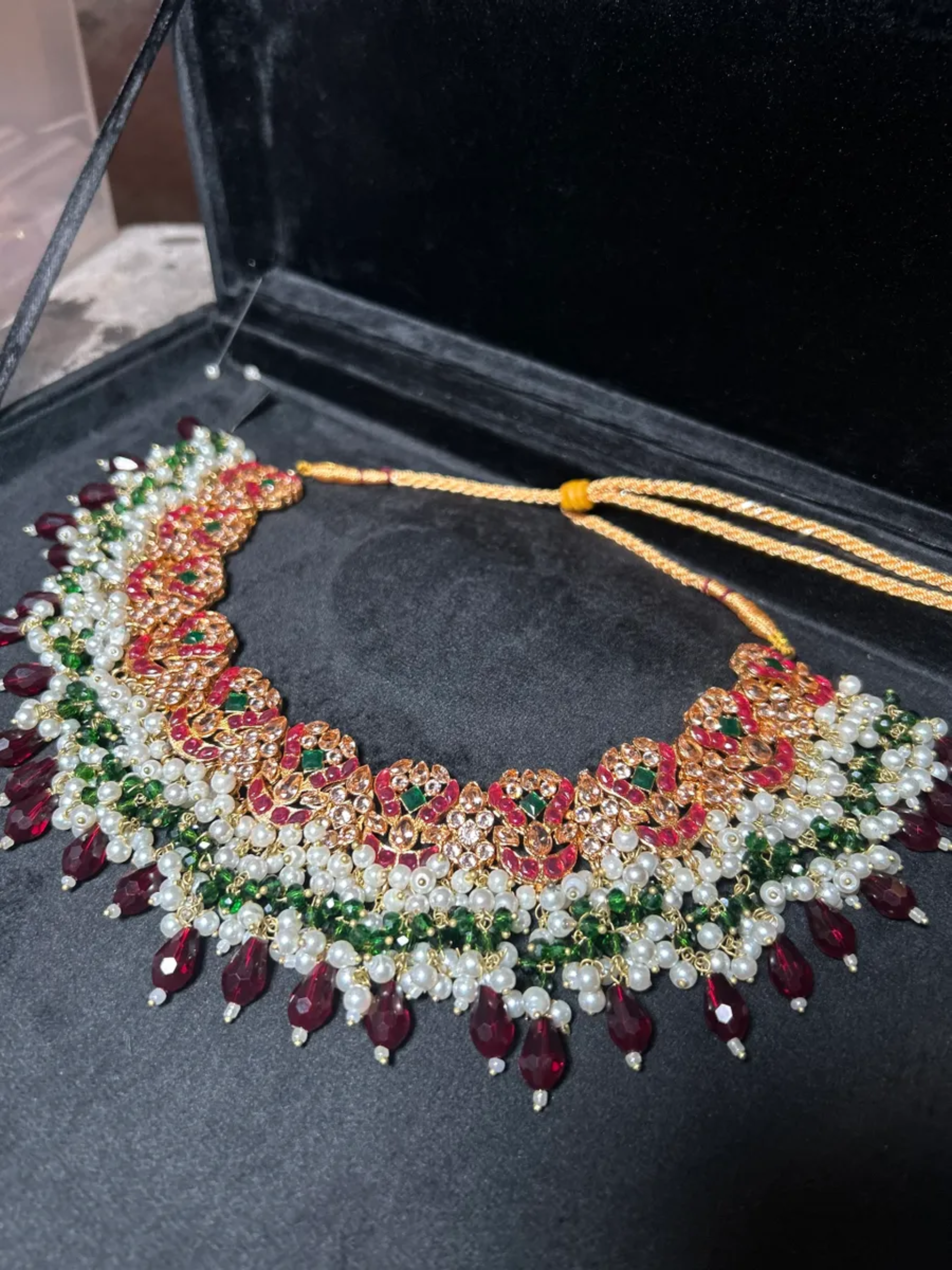Maroon, Green & White Kundan Necklace