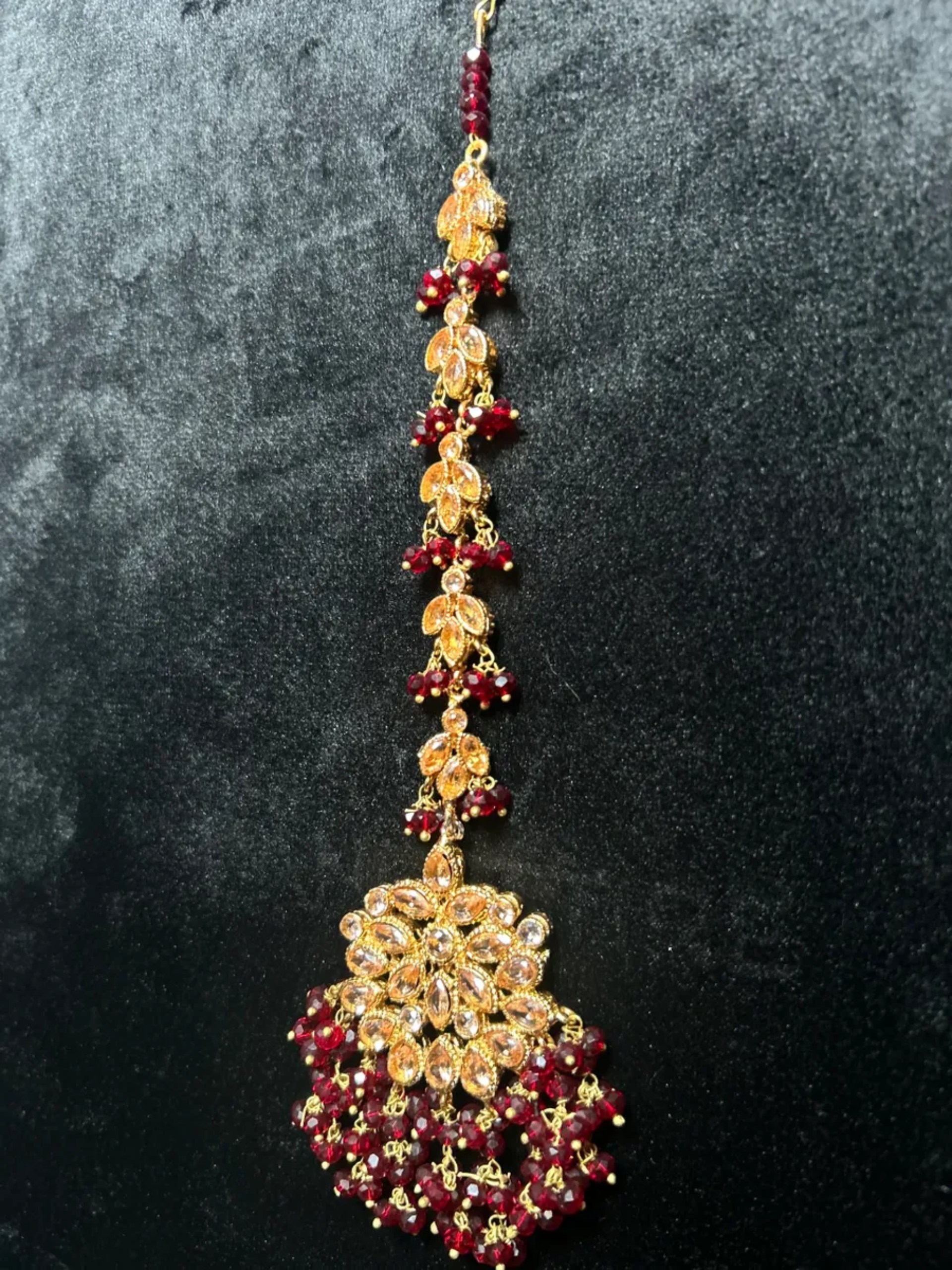 Beautiful Bridal Maroon & Gold heavily beaded tikka. - Jewelsbyrani