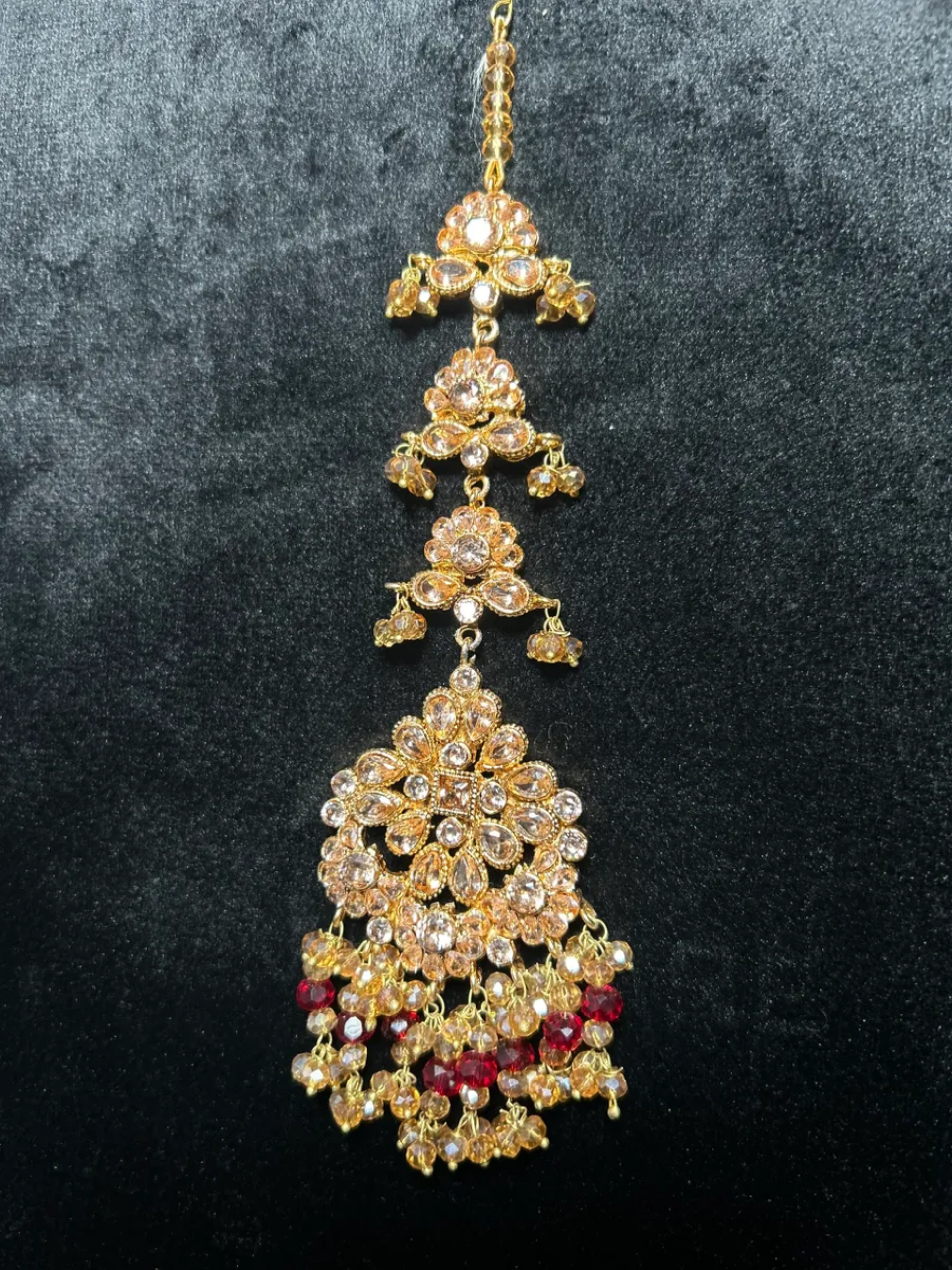 Bridal Maroon & Gold heavily beaded tikka. - Jewelsbyrani