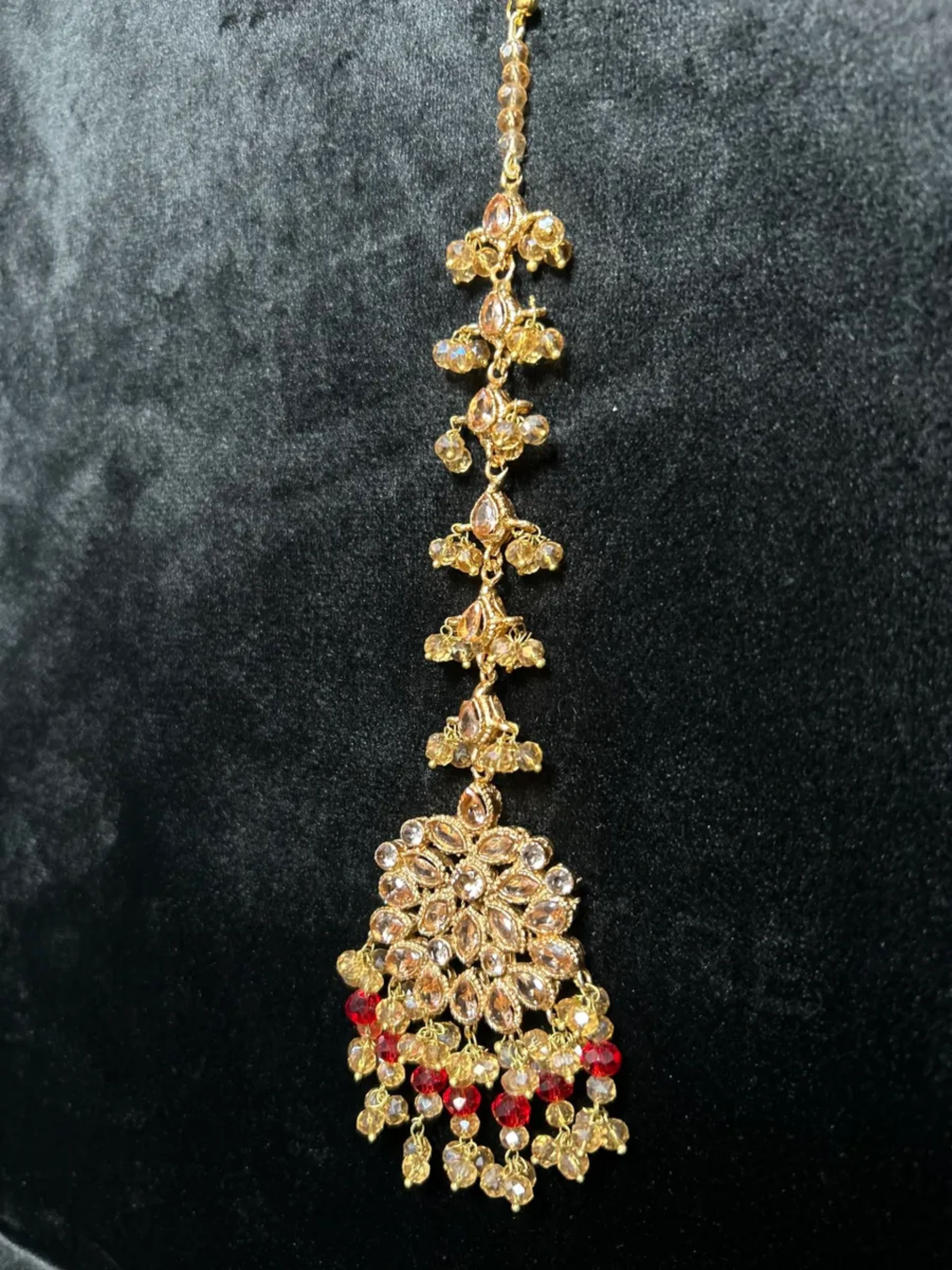 Bridal Deep Red & Gold heavily beaded tikka. - Jewelsbyrani
