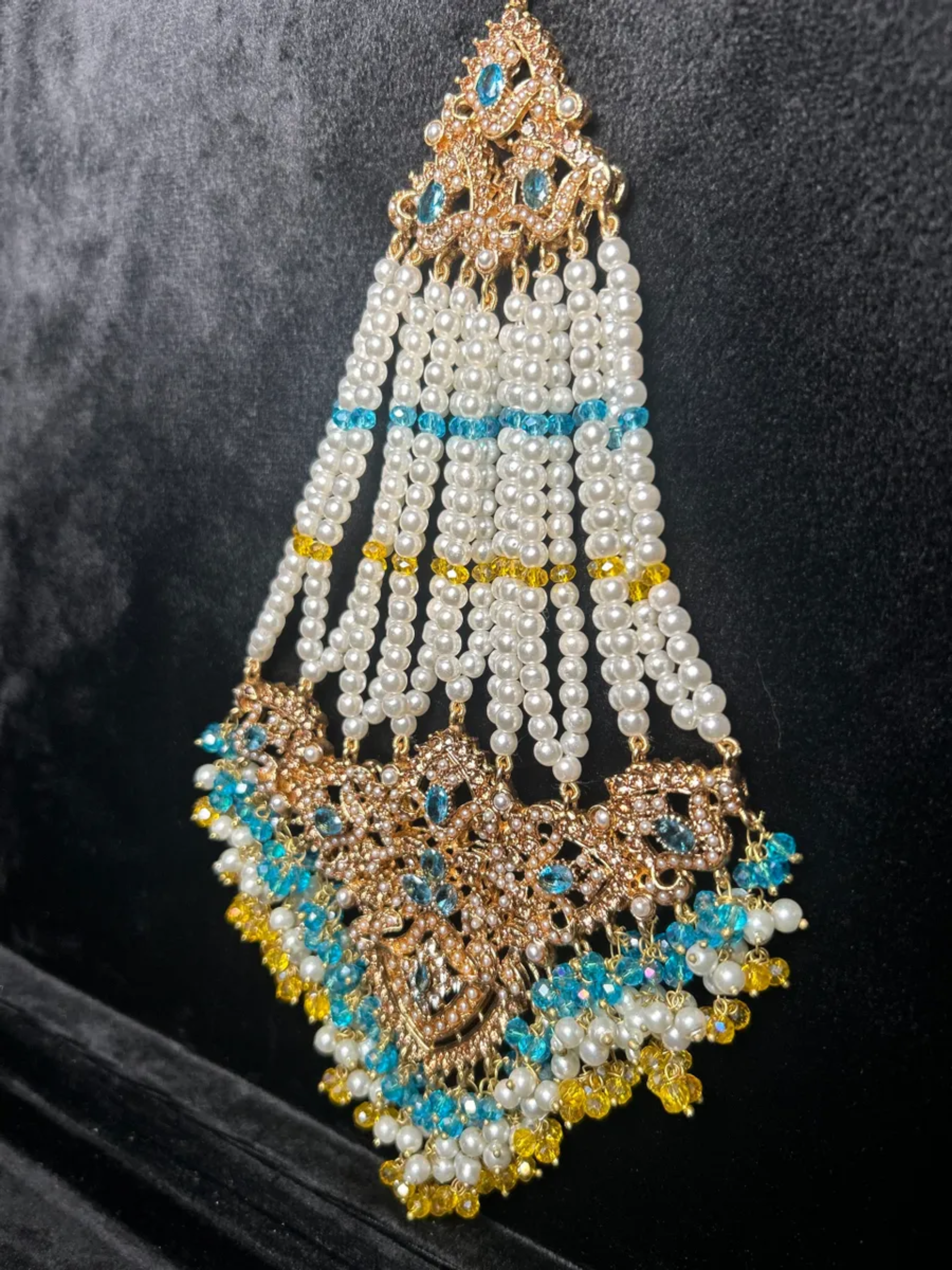 Blue & Yellow Multi Coloured heavily beaded jhumar