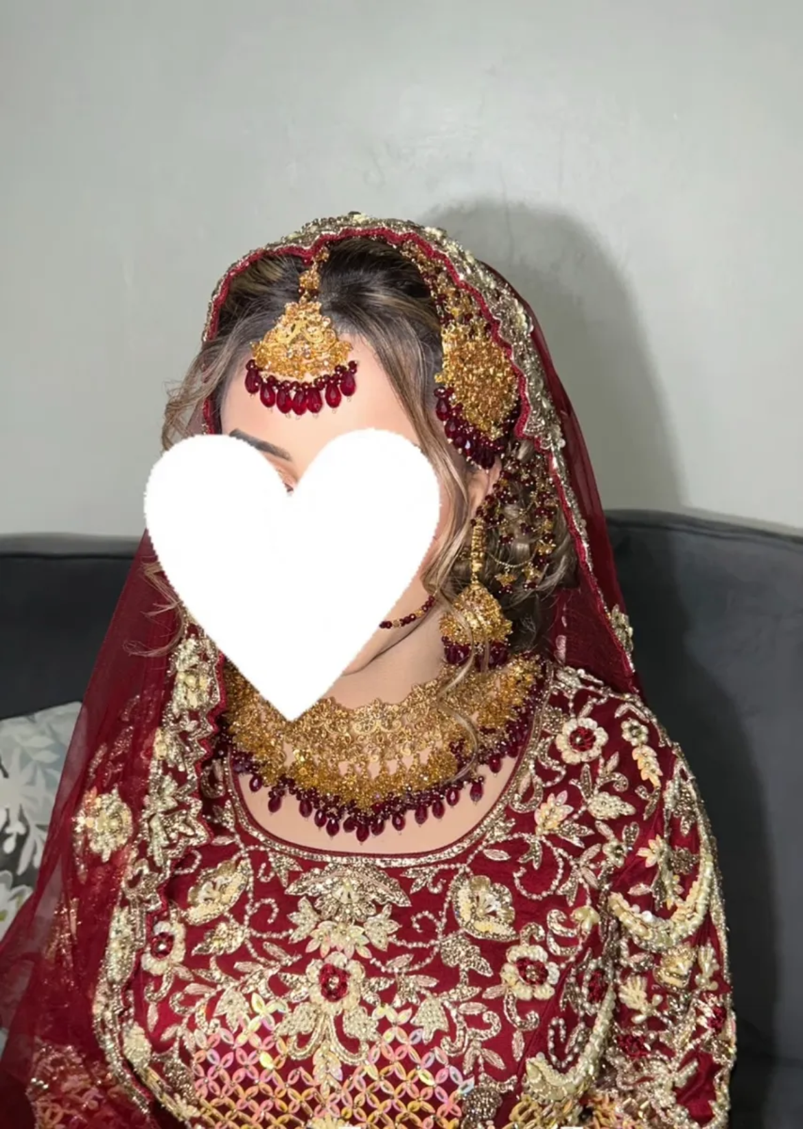 Luxury Maroon Crystals & Gold set, with heavily beaded earrings & tikka.