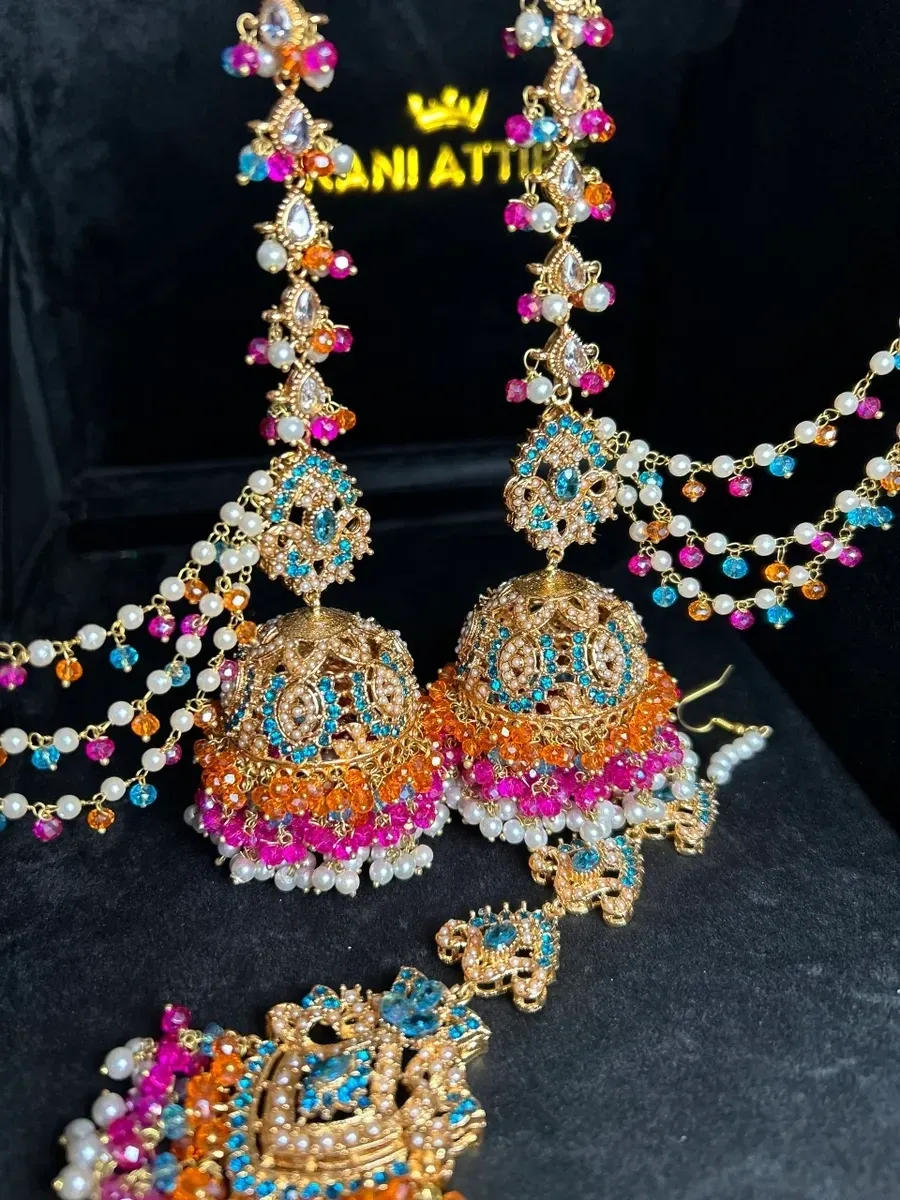Hot pink, Orange & Baby blue Multi Coloured Jhumkes & Tikka Set - Jewelsbyrani