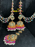 Hot pink, Orange & Baby blue Multi Coloured Jhumkes & Tikka Set - Jewelsbyrani