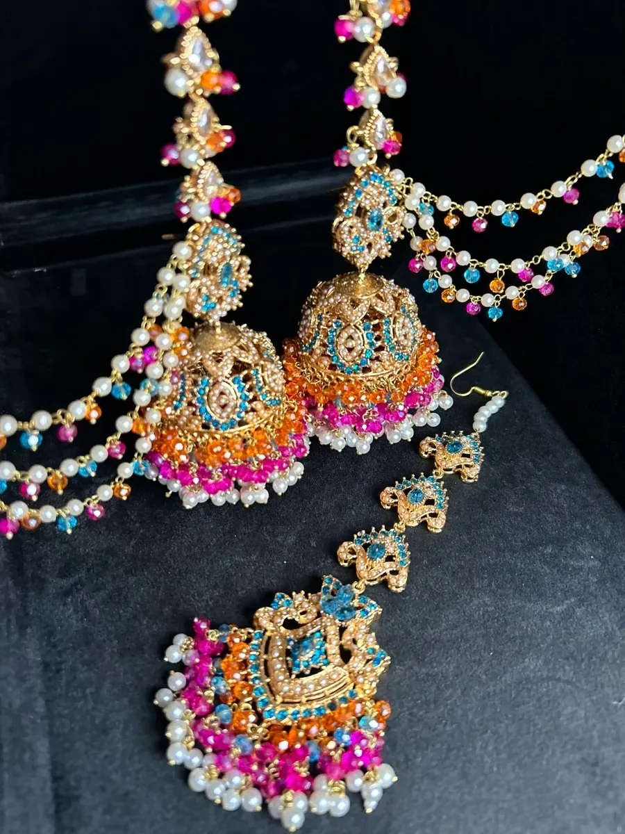 Hot pink, Orange & Baby blue Multi Coloured Jhumkes & Tikka Set - Jewelsbyrani