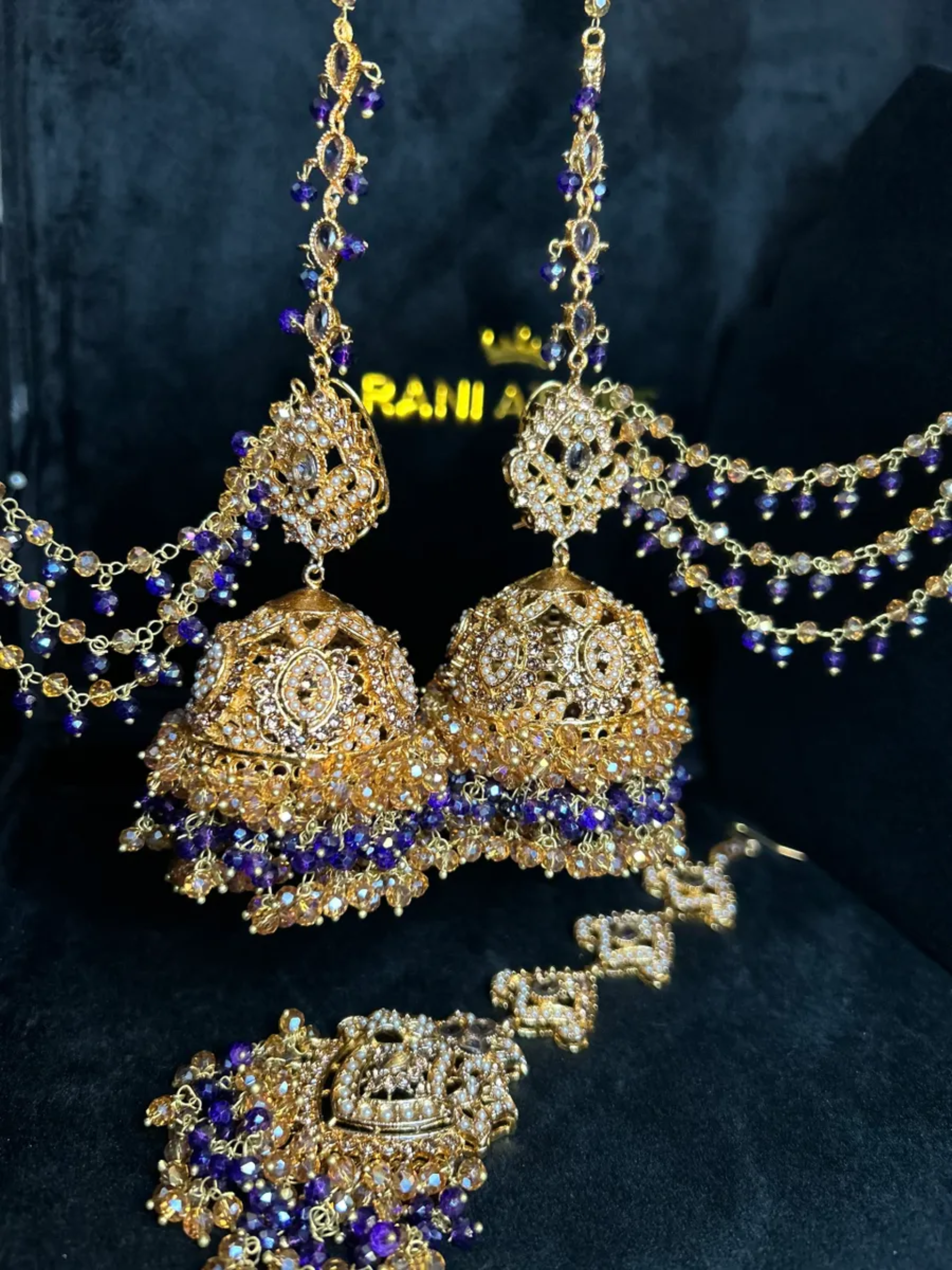 Purple & Gold Multi Coloured Jhumkes & Tikka Set - Jewelsbyrani