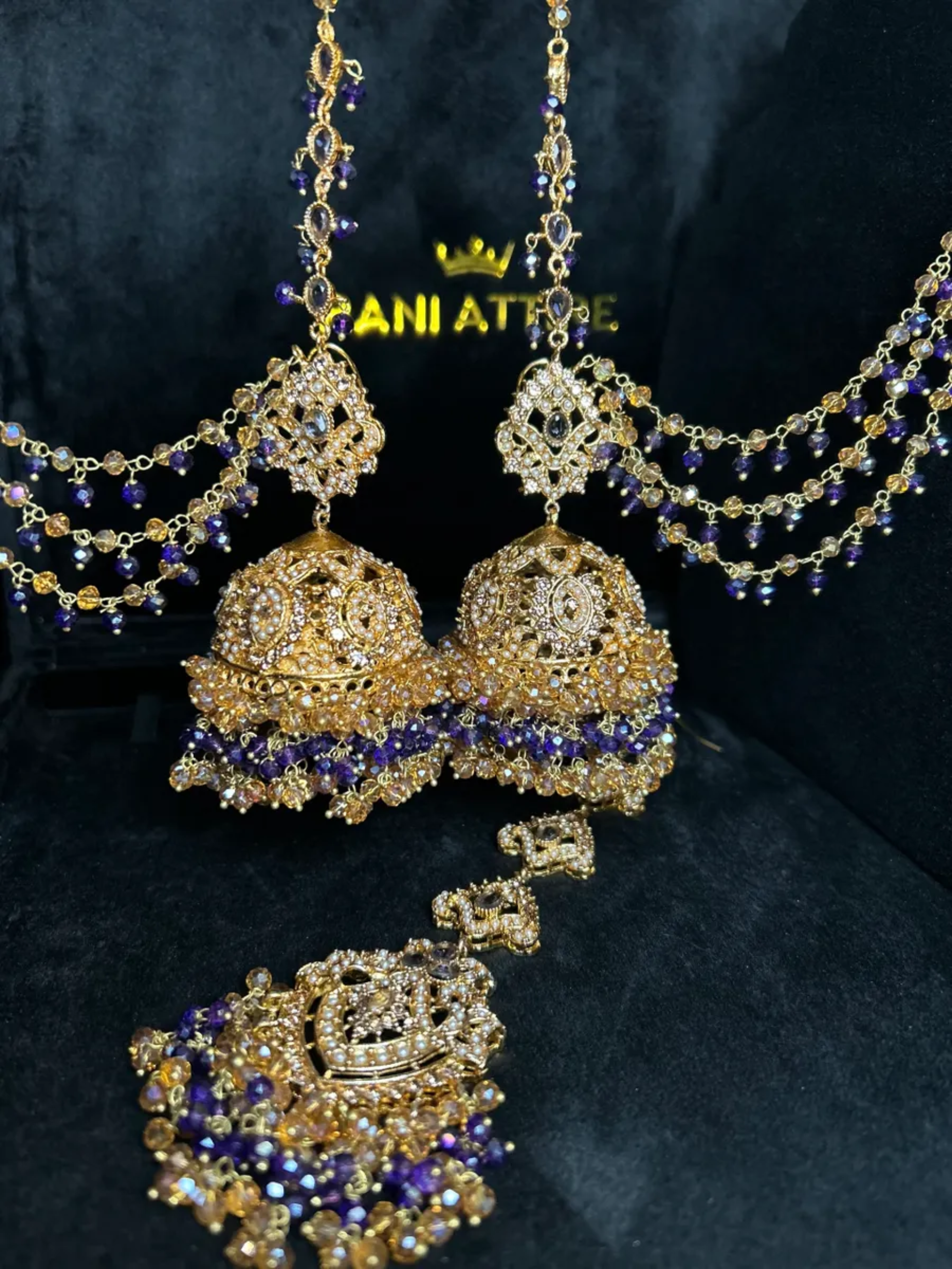 Purple & Gold Multi Coloured Jhumkes & Tikka Set - Jewelsbyrani