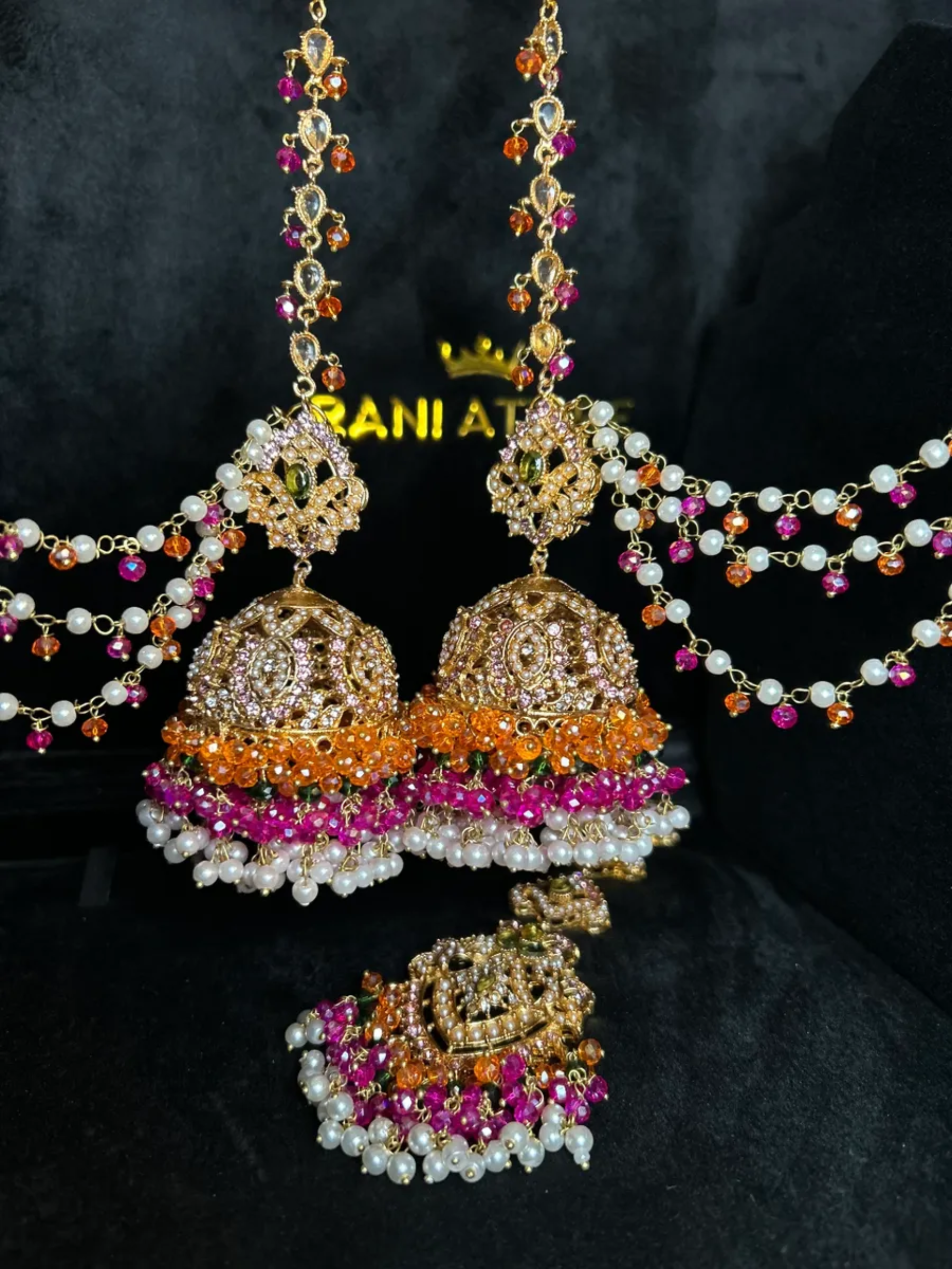 Baby Pink Stones Hot pink & Orange Multi Coloured Jhumkes & Tikka Set