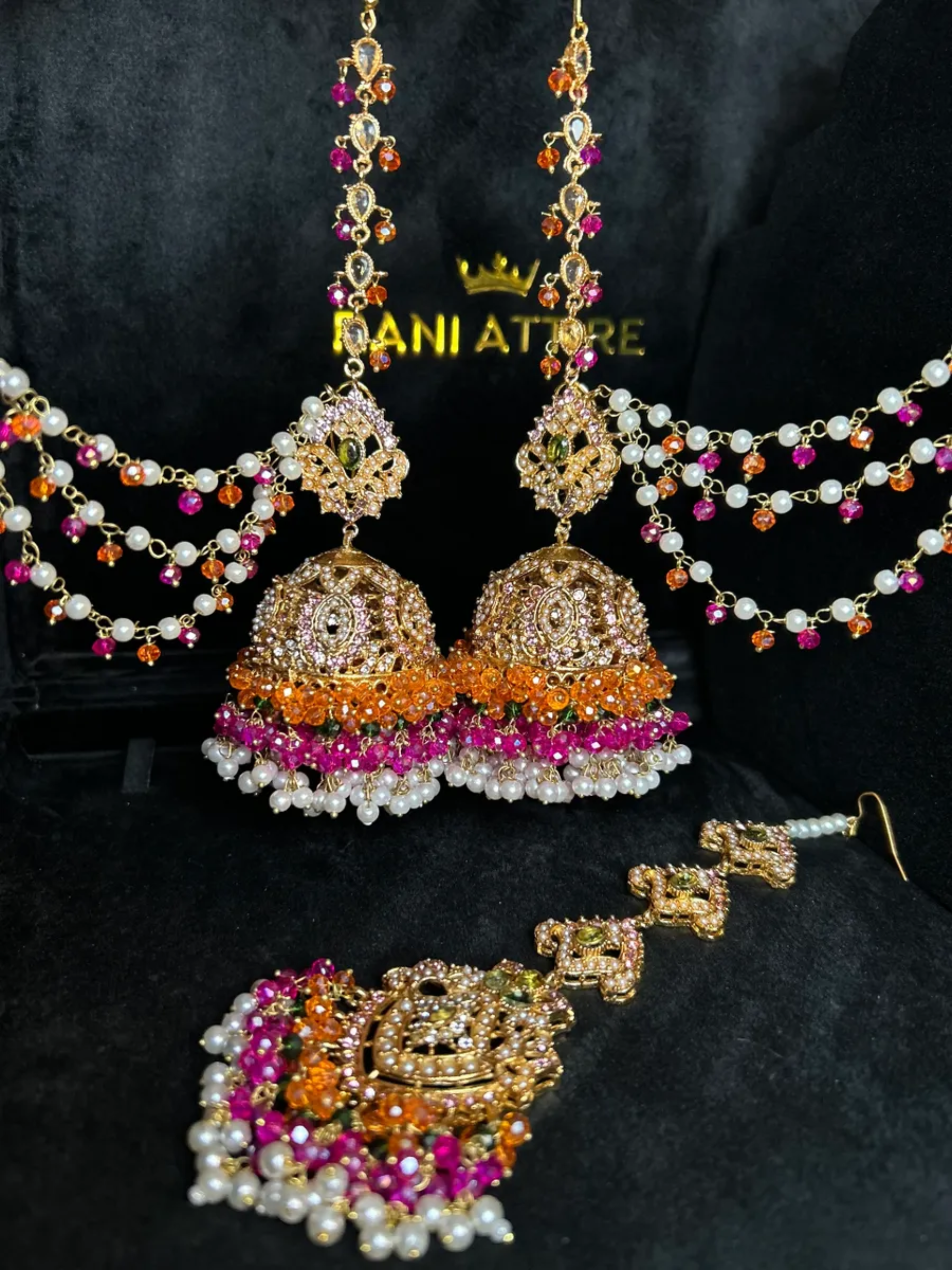 Baby Pink Stones Hot pink & Orange Multi Coloured Jhumkes & Tikka Set