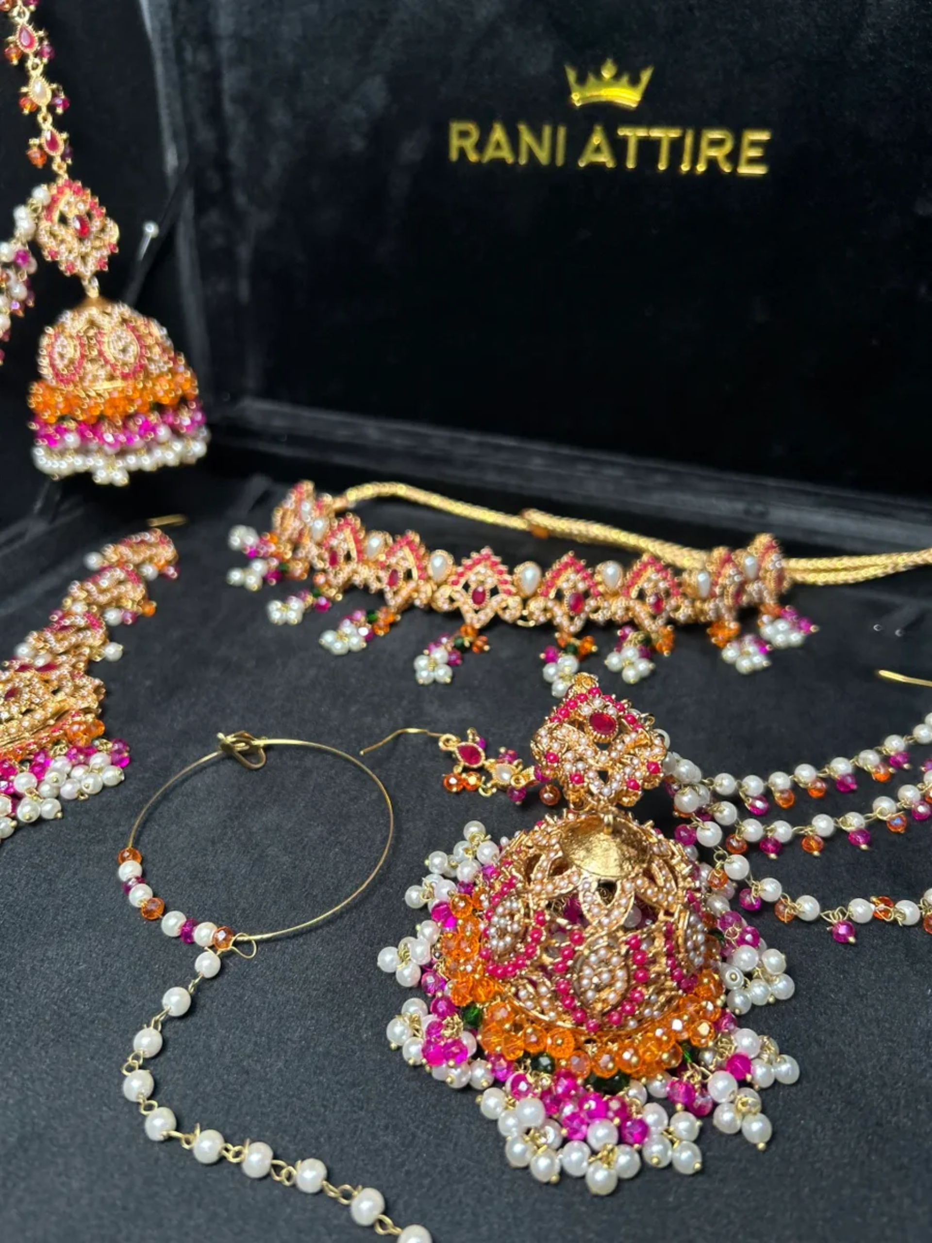 Mini Hot Pink, Green, Pearly & Gold Crystals Choker necklace set, with heavily beaded earrings & tikka