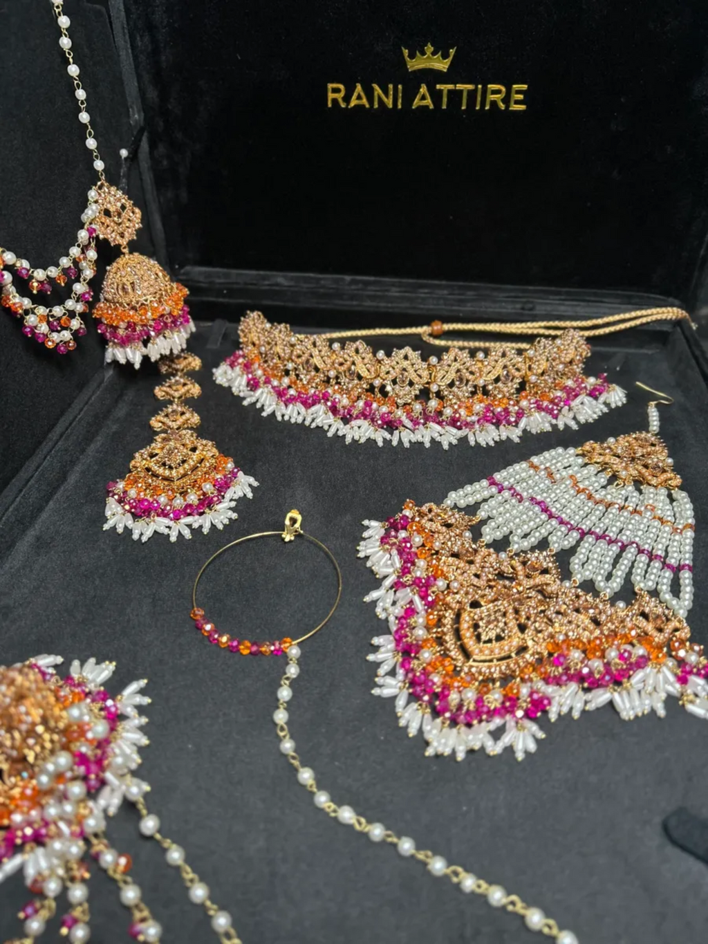 Hot Pink, White & Orange choker set, with heavily beaded earrings & tikka - Jewelsbyrani
