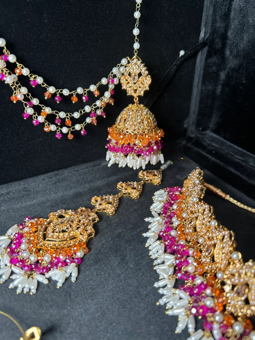 Hot Pink, White & Orange choker set, with heavily beaded earrings & tikka - Jewelsbyrani