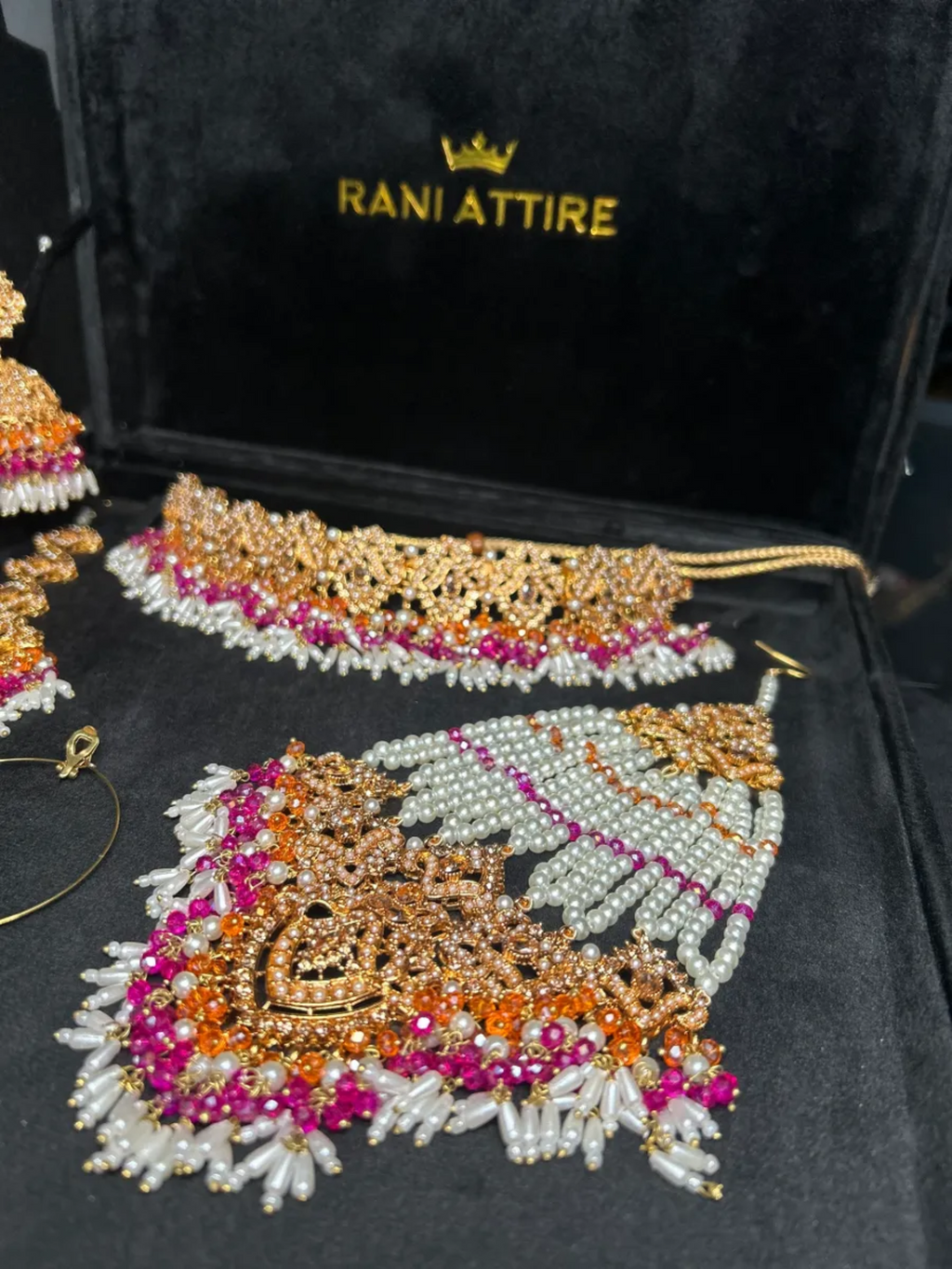 Hot Pink, White & Orange choker set, with heavily beaded earrings & tikka - Jewelsbyrani