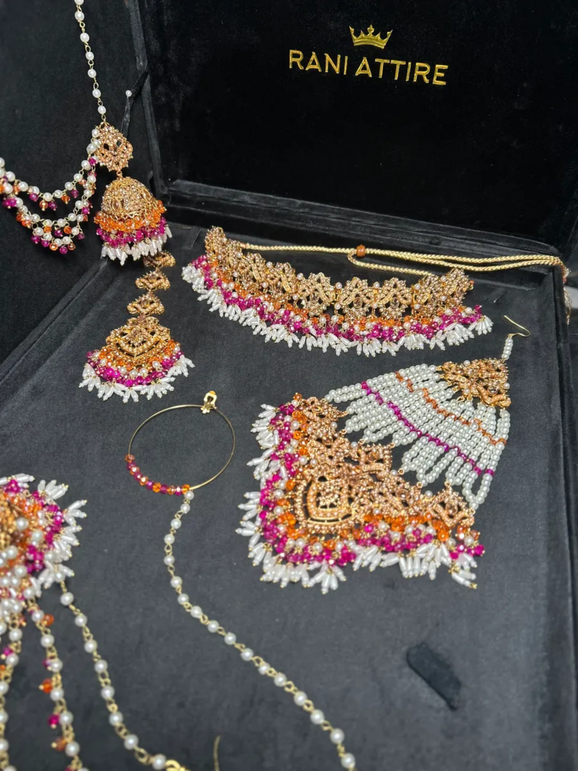 Hot Pink, White & Orange choker set, with heavily beaded earrings & tikka