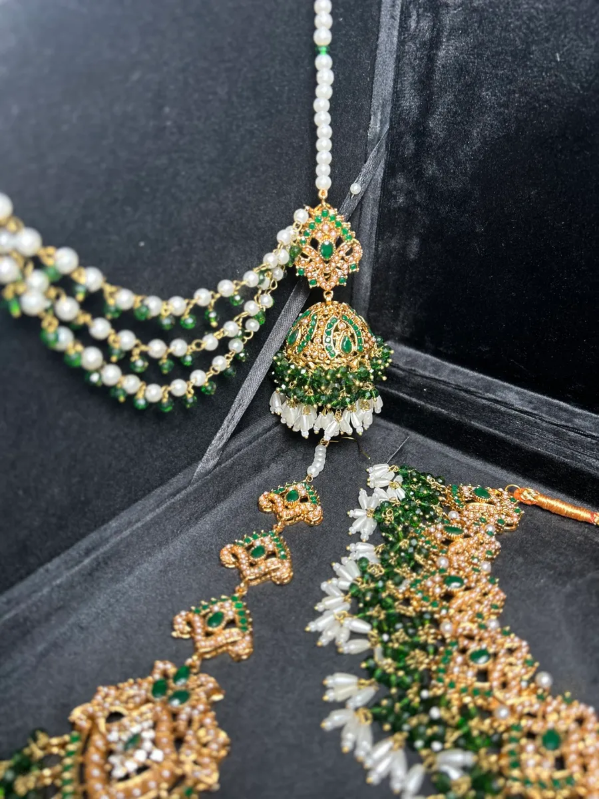 Beautiful Gold, White & Green Heavily Beaded Bridal Set - Jewelsbyrani